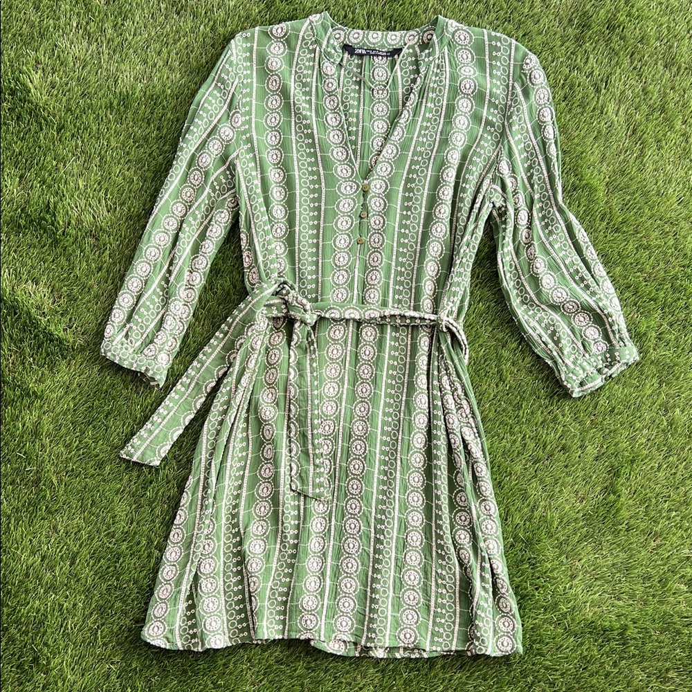 ZARA Green Ecru Cutwork Embroidery V-Neck Belted Mini Dress Size S